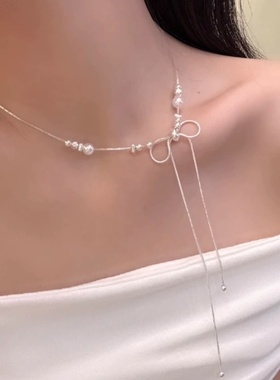 蝴蝶结珍珠飘带可调节抽拉项链