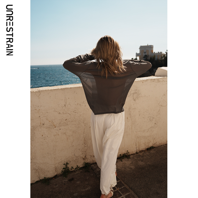 UNR25 ພາກຮຽນ spring ແລະ summer ຫນຶ່ງ shoulder swing collar ແຂນຍາວ gauze ເທິງ
