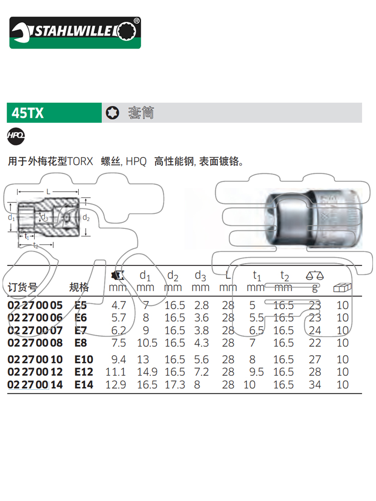 德国原装进口达威力STAHLWILLE星型套筒 45TX系列  3/8 - 图2