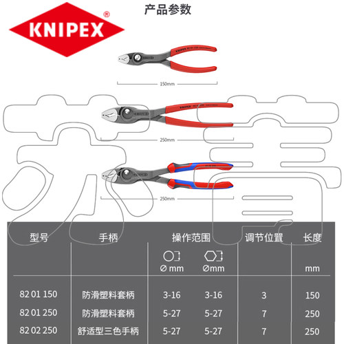 新品 德国原装进口凯尼派克KNIPEX 可调节鲤鱼钳 8201150 8202250 - 图2