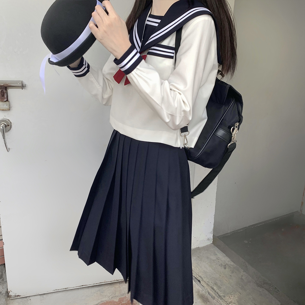 PJ制作工坊 日系绀色白二本水手服 正版jk制服中间服长袖女春季