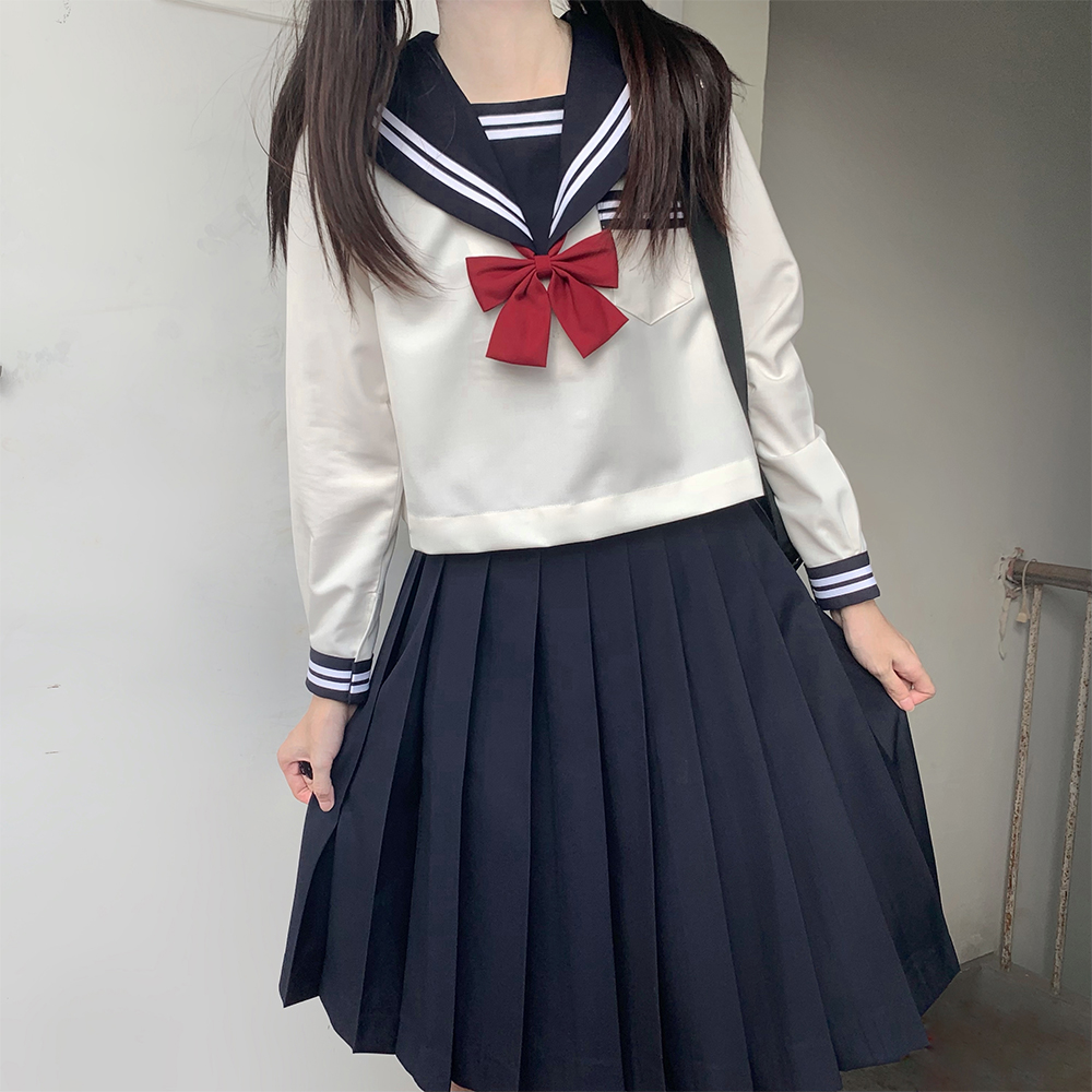 PJ制作工坊 日系绀色白二本水手服 正版jk制服中间服长袖女春季