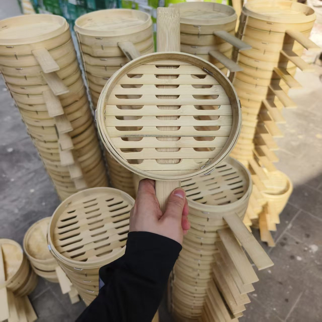 蒸笼商用浅口竹制小笼包笼屉单边长手柄包工坊不锈钢钉绑扎双手柄 - 图3