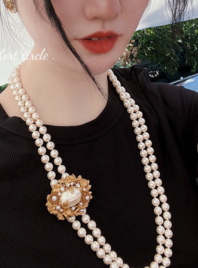 铜镀金仿珍珠圆珠女多层毛衣链