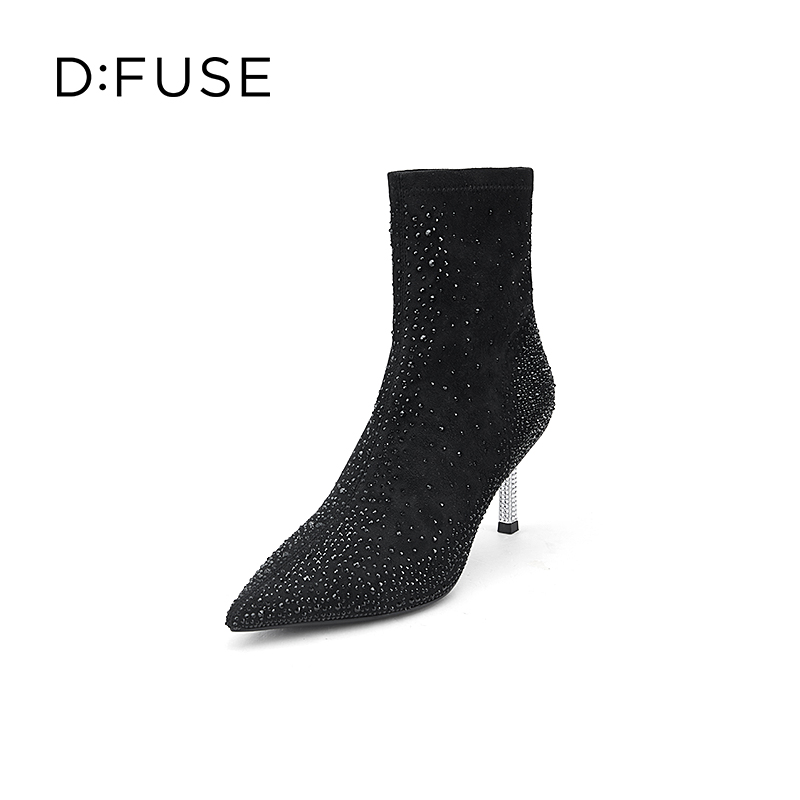 DFuse迪芙斯秋冬尖头烫钻高跟时装靴短靴女靴DF24116531