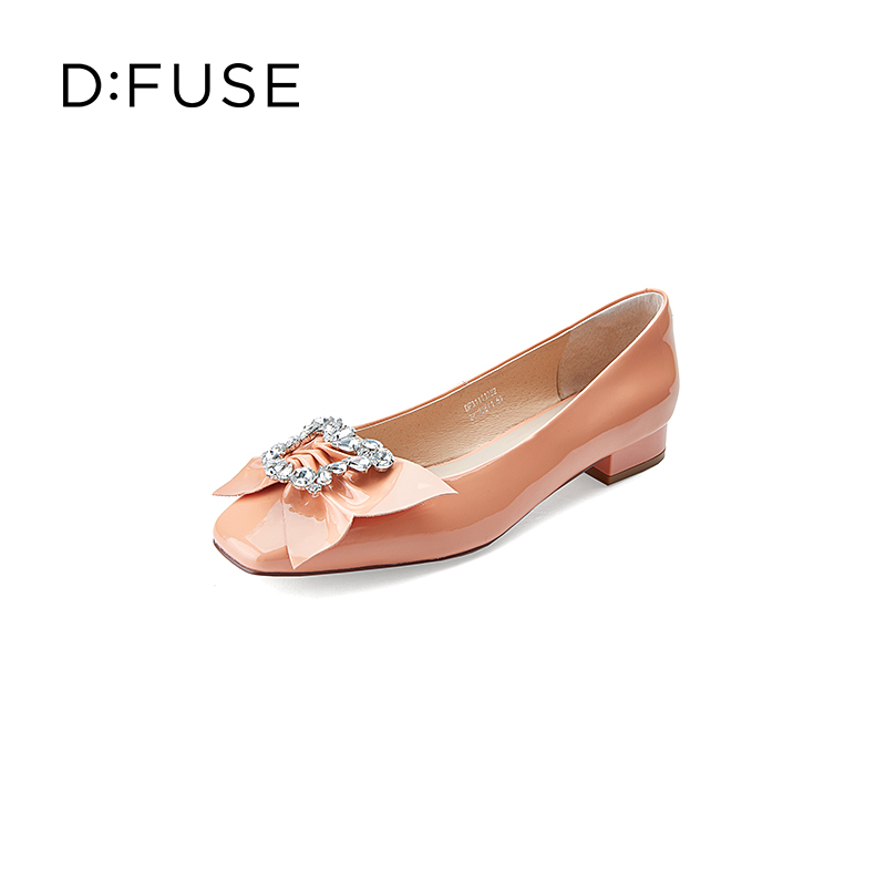DFuse迪芙斯春季新款方头漆皮蝴蝶结钻扣低跟单鞋DF31111252 - 图0