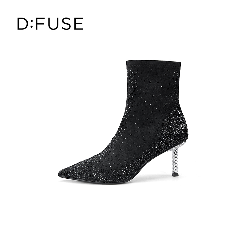 DFuse迪芙斯秋冬尖头烫钻高跟时装靴短靴女靴DF24116531