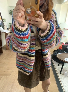 阿林handmade复古条纹撞色手工编织粗棒针马海毛开衫条纹彩条外套