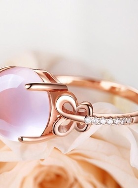 仿芙蓉石粉水晶蝴蝶戒指玫瑰金