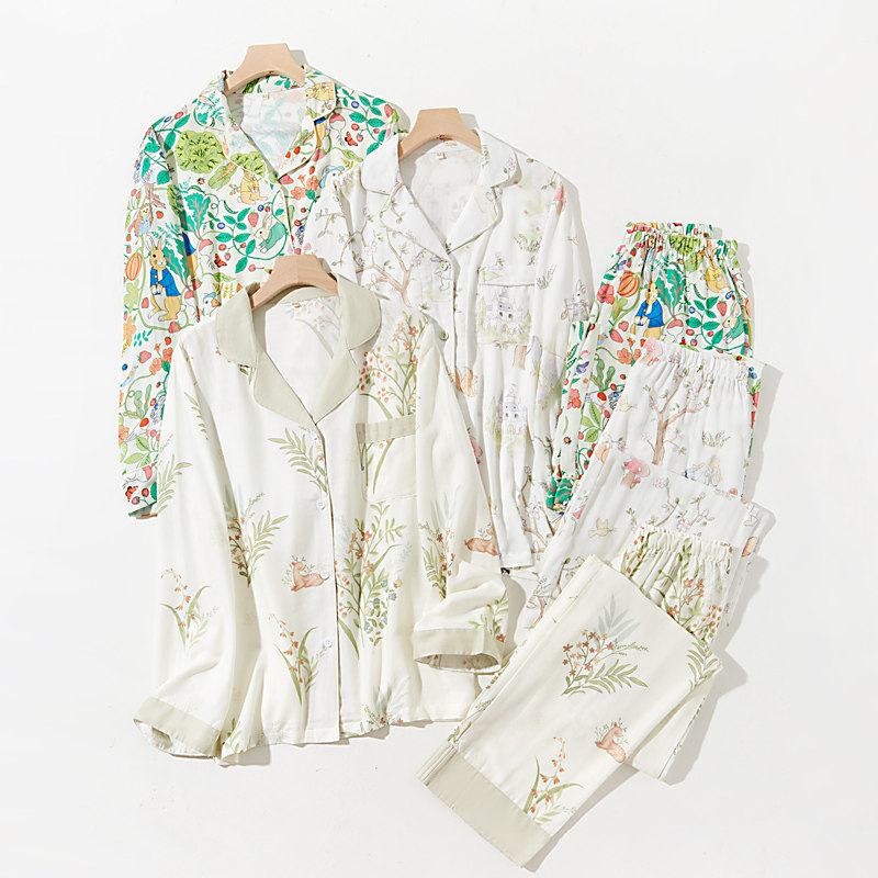 双层纱布竹棉开衫女士睡衣秋季卡通花卉修身显瘦长袖长裤居家套装,淘宝优惠券,粉丝福利购,淘宝优惠卷