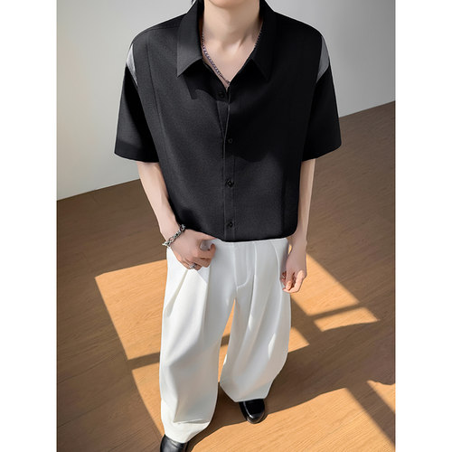 模特图~夏季冰丝假两件拼色中袖衬衫 Q1240/P50 - 图2