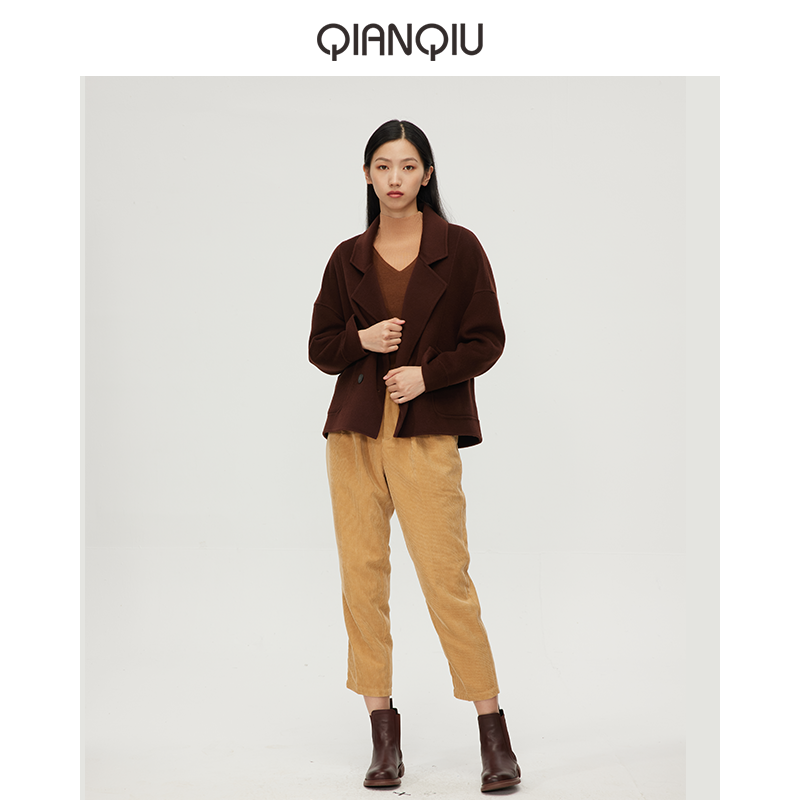 浅秋羊毛双面呢大衣女休闲简约百搭外套女秋季新款9A11230 - 图2