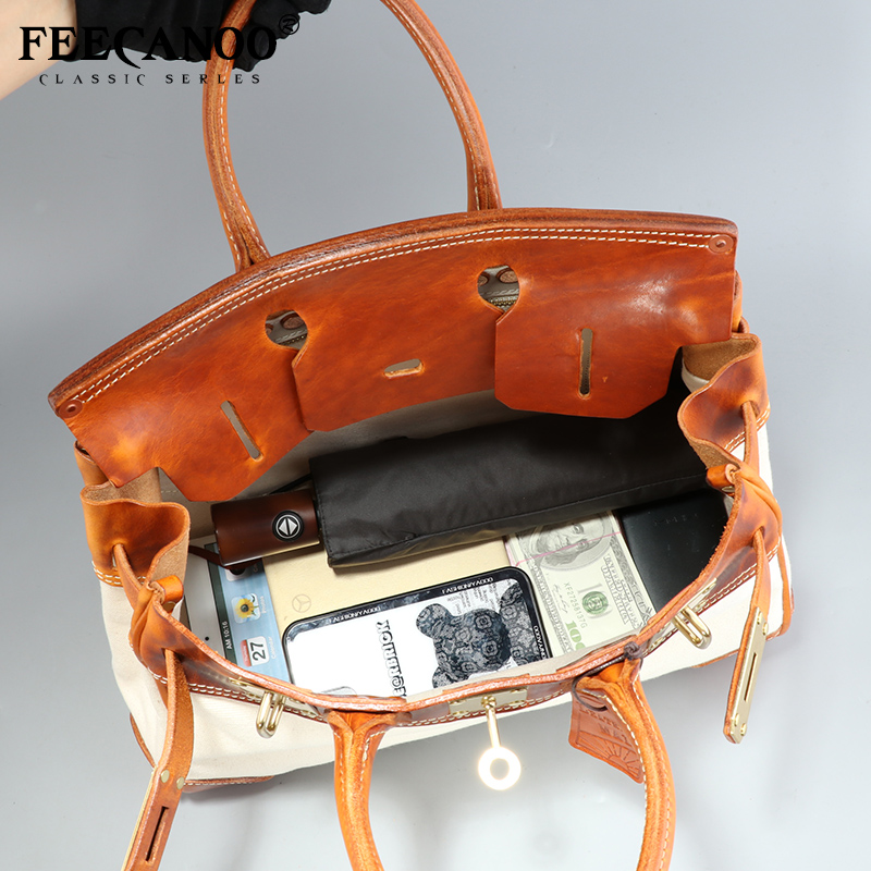 收藏级重磅阿美咔叽 手工真皮帆布小众手提铂金包单肩凯莉包旅行