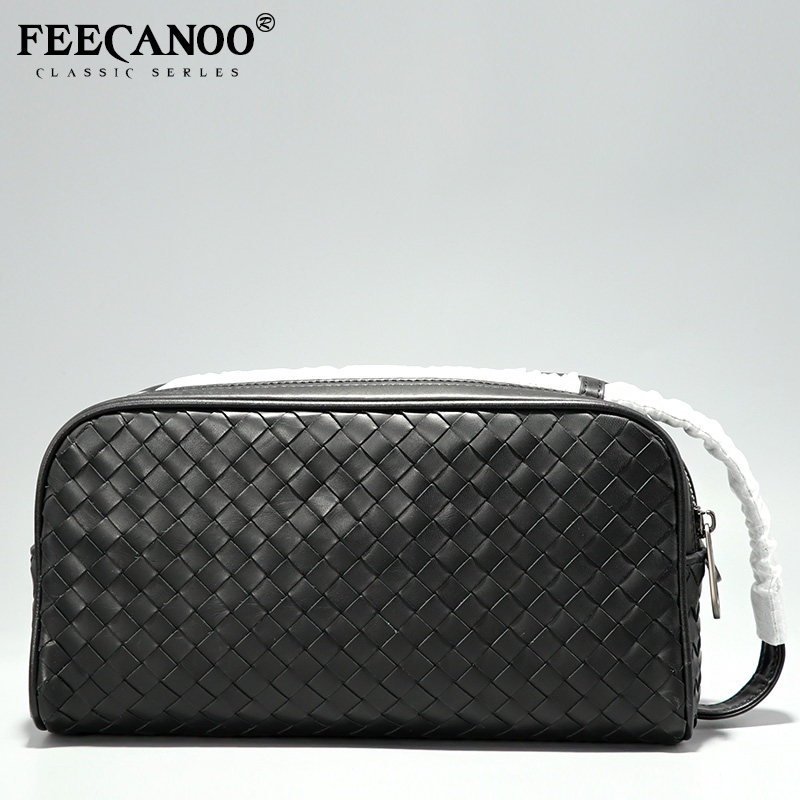 编织牛皮手拿包双拉链潮流男士包包 菲卡奴男士包袋