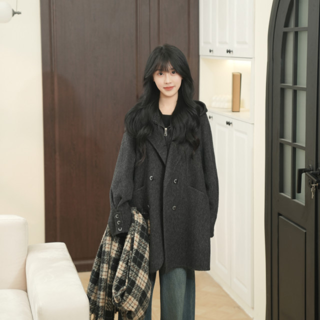 伊迪卡双面羊毛大衣连帽短款宽松慵懒韩系百搭时尚女装秋冬新款