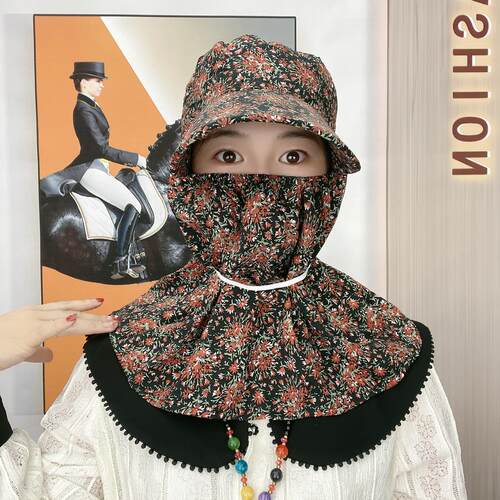 棉绸女士干活遮阳采茶帽子春夏防晒防风尘遮脸护颈防紫外线太阳帽 - 图2