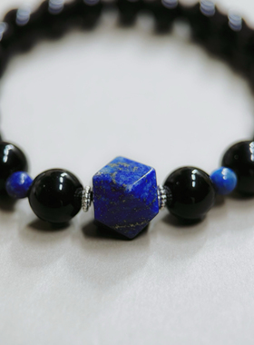 吉运阁「玄青」999银天然黑曜石青金石唐八棱手串