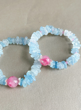 吉运阁「樱蓝」925银天然海蓝宝随形樱花蔷薇辉手串