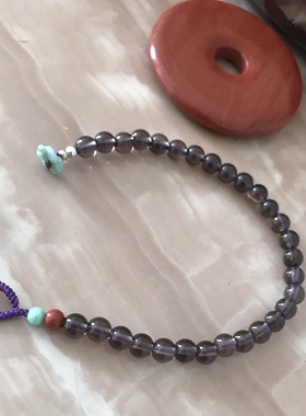 天然茶水晶5毫米手链 五行补土 翡翠花片扣 红石 银珠