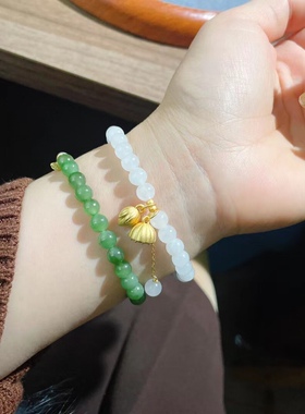 天然和田玉白玉两世欢手链，直径约6mm