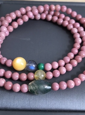 天然玫瑰石4毫米三圈手链 金发晶 拉长石 玛瑙路路通