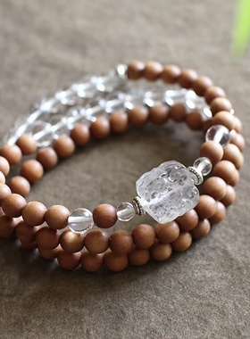 天然白水晶檀木三圈手链 五行喜金喜木