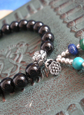 小众 设计款 黑玉髓手链银莲花 琉璃 绿松石  女款   天宝原创