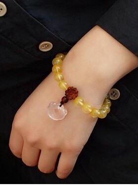 天然水晶黄兔毛粉晶设计款长命锁