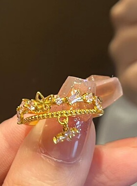 法国chrry koop新款超闪少女粉锆石蝴蝶流苏戒指高颜值指环气质