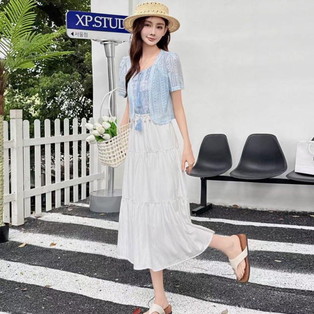 Summer fairy ເປັນຮູ cardigan suspender skirt ຊຸດສອງສິ້ນ