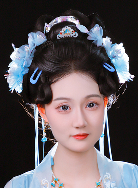 唐风蓝色系绢纱花朵对夹发饰套装