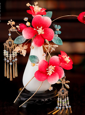 古风发饰绒花花朵发钗