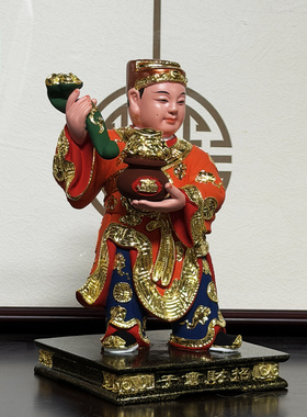 木雕招财进宝童子神像一对8寸10招财童子进宝童子土地公部将护法