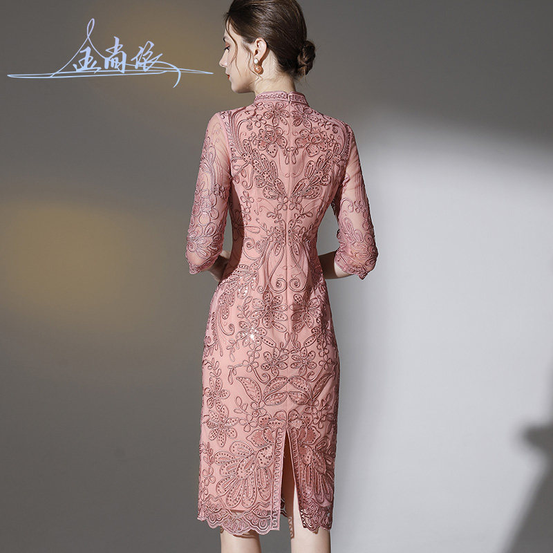 婚礼妈妈装高贵旗袍短袖4050岁中年女士母亲礼服喜婆婆婚宴连衣裙