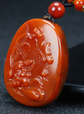 正品天然凉山保山南红玛瑙花鸟喜上眉梢花开富贵吊坠原石雕刻57号