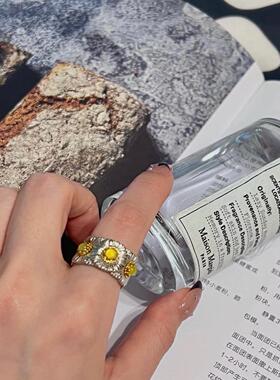 高质量雏菊宽戒指粉黄蓝玛瑙蛋白石环欧美复古女时尚铜镀厚金女时