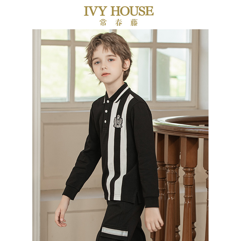IVY HOUSE常春藤儿童装男大童POLO衫春秋 拼色长袖T恤上衣亲子装 - 图1