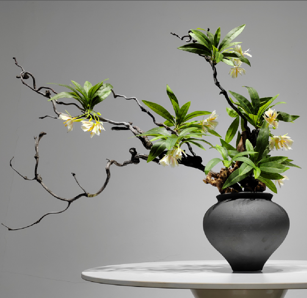 新中式日式侘寂陶瓷碳化木质花器仿真龙柳枝枯枝花艺组合摆件装饰 - 图1