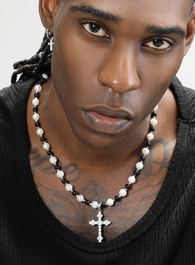 潮牌天然淡水珍珠十字架吊坠项链