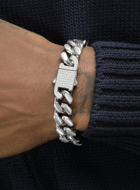 GRGR镶钻银色钛钢古巴手链大气
