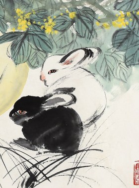 装饰画国画字画客厅真迹书法宣纸书画作品仿刘旦宅丹桂玉兔赠装裱