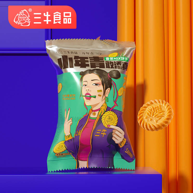 上海三牛小年青饼干120g*4包葱油咸味饼干小圆饼 - 图0