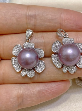 天然淡水女纯银紫珠镶钻气质花朵
