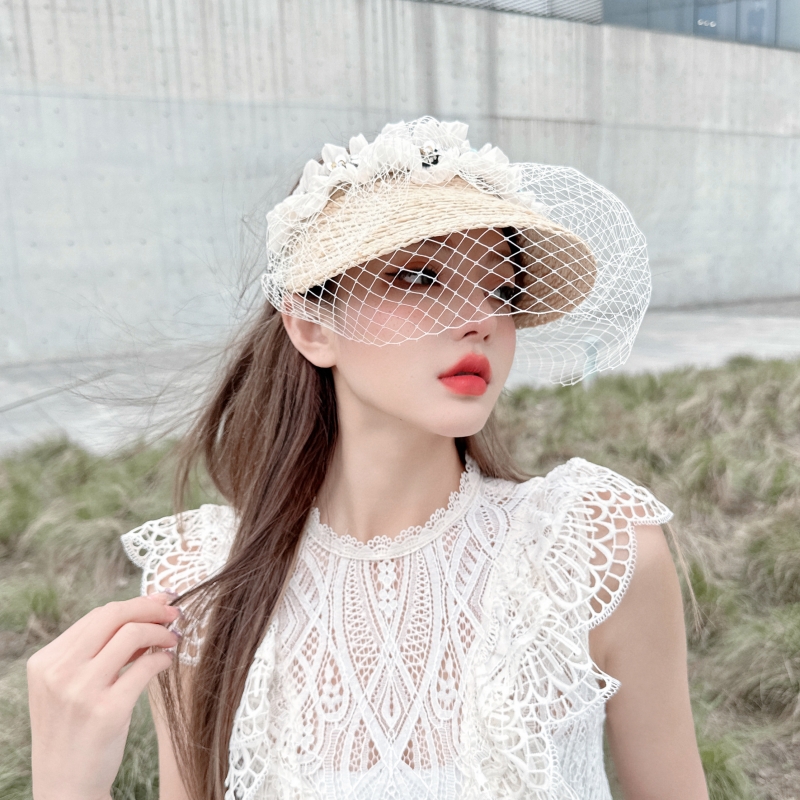 Wangbei 春夏设计师款面纱发箍式空顶帽褶皱钻饰遮阳拉菲草鸭舌帽