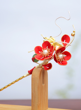 纯手工缠花描金边梅花与鱼发簪