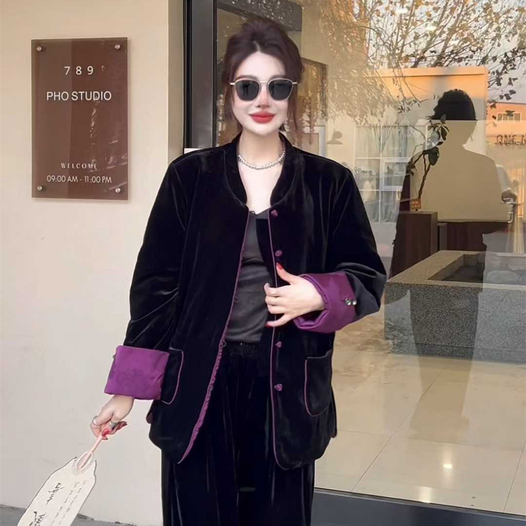 冬季新款丝绒拼接新中式大码棉服国风加棉外套女复古撞色唐装上衣,淘宝优惠券,粉丝福利购,淘宝优惠卷