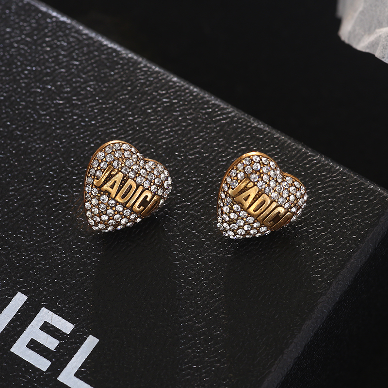 D家复古做旧满钻爱心耳环高级感轻奢气质百搭cd耳钉小香风耳饰 - 图2