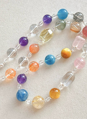 天然水晶多宝项链  粉晶 海蓝宝多宝女款项链