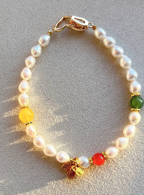 天然淡水珍珠多宝手链女款单圈珍珠蜜蜡南红手串DIY水晶原创款