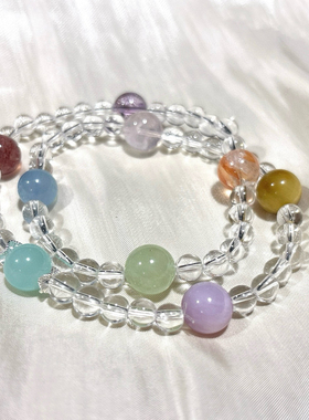 天然水晶多宝手链海蓝宝紫黄粉水晶白水晶黄水晶原创设计手链